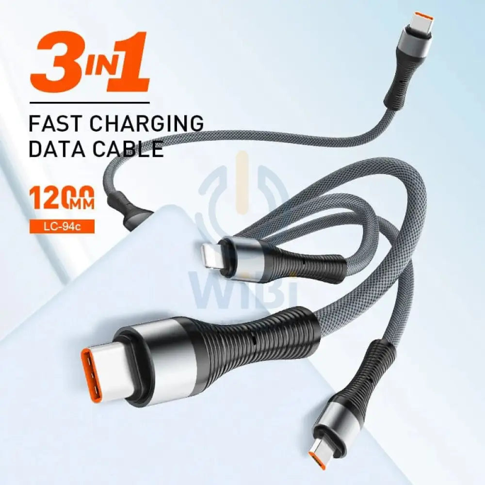 LDNIO LC94C 3-in-1 Fast Charging data Cable - 100W / 1.2 Meter / Type-C / Lightning / Micro USB / Grey Accessories >