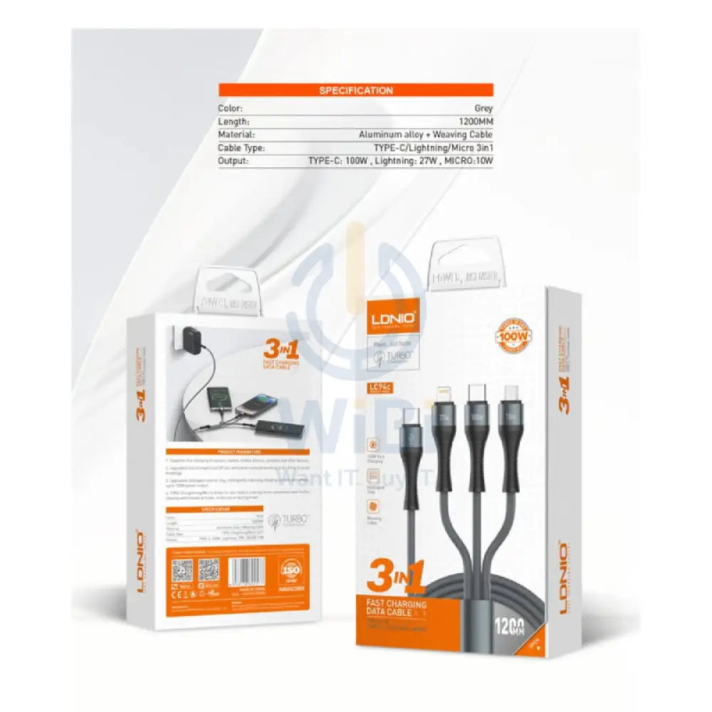 LDNIO LC94C 3-in-1 Fast Charging data Cable - 100W / 1.2 Meter / Type-C / Lightning / Micro USB / Grey Accessories >