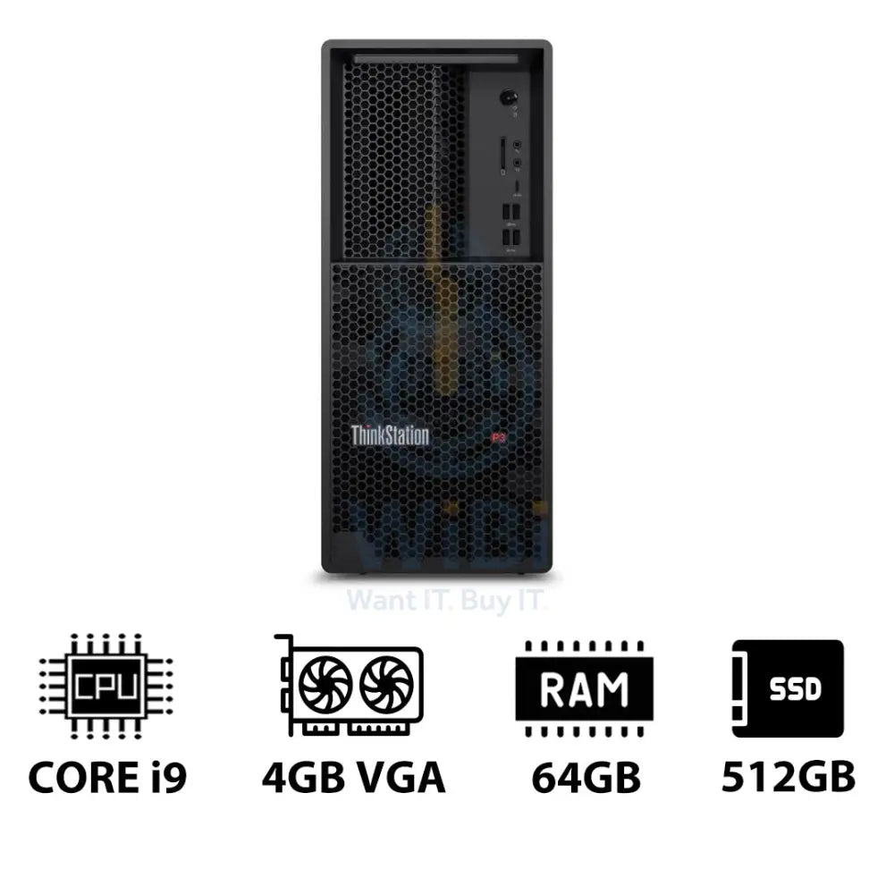 Lenovo ThinkStation P3 Tower - i9-14900K 3.2GHz / 24-Cores / 64GB / 512GB (NVMe M.2 SSD) / NVIDIA T400 4GB VGA / DOS