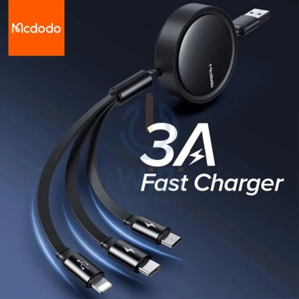 Mcdodo 3 in 1 Retractable Flat Cable Adjustable Length Universal – Black Accessories > Cables & Converters > Cables