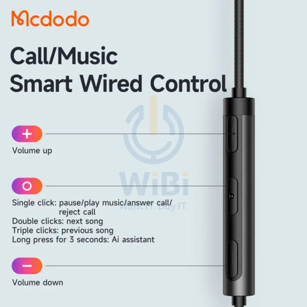 Mcdodo Wired Earphone Lightning for iPhone Mic Music Control 1.2m - Black Accessories > Audio > Headphones