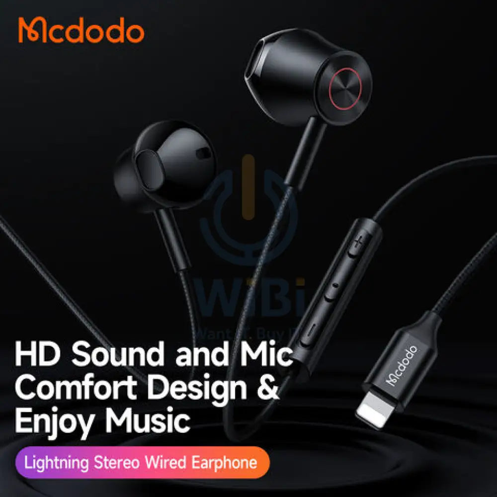Mcdodo Wired Earphone Lightning for iPhone Mic Music Control 1.2m - Black Accessories > Audio > Headphones