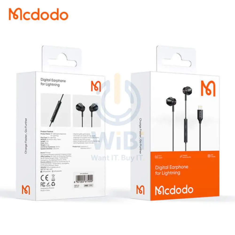 Mcdodo Wired Earphone Lightning for iPhone Mic Music Control 1.2m - Black Accessories > Audio > Headphones