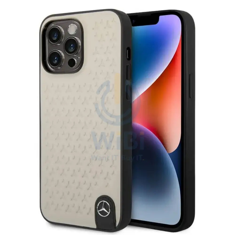Mercedes-Benz iPhone 14 Pro Genuine Leather Case With Star Pattern - Gray Accessories > Mobiles & Tablets > Mobiles