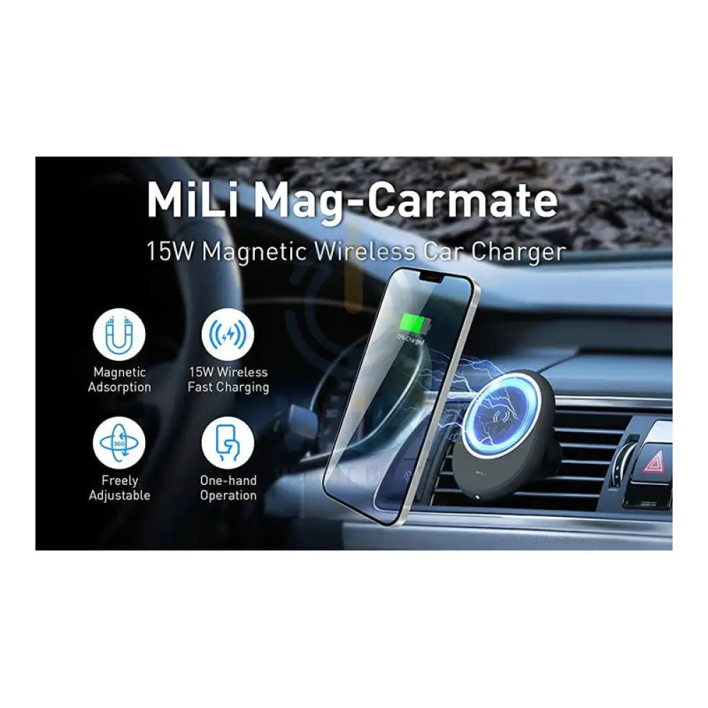 MiLi Mag Carmate 15W Magnetic Fast Wireless Charging Car Mount - Black Accessories > Mobiles & Tablets > Mobiles > Car
