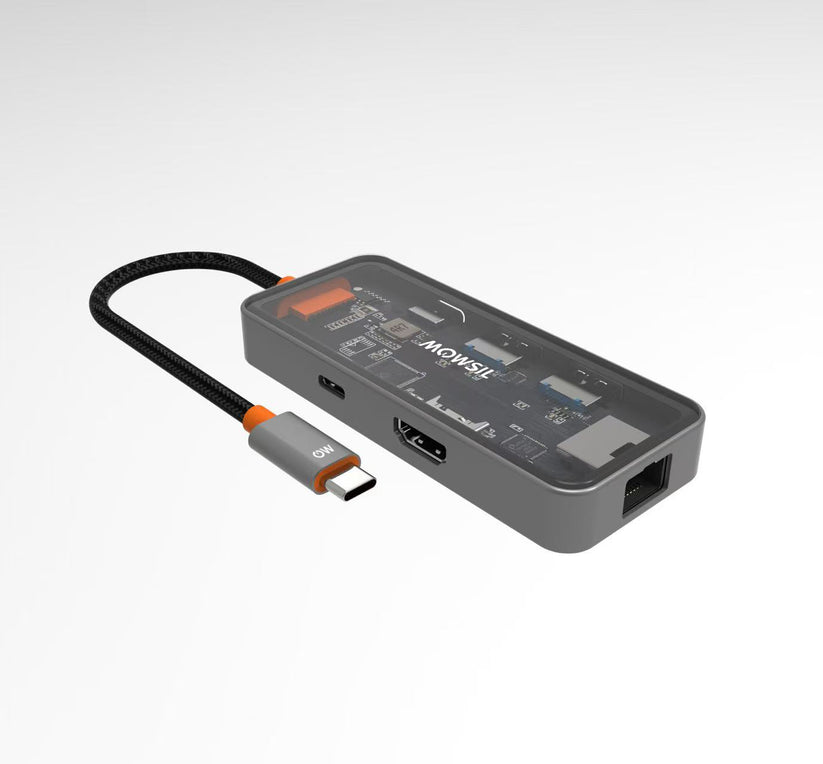 Mowsil 6-in-1 USB-C Hub Docking Station - 4K HDMI / 100W USB-C PD / RJ45 / 2×USB 3.0 / Transparent