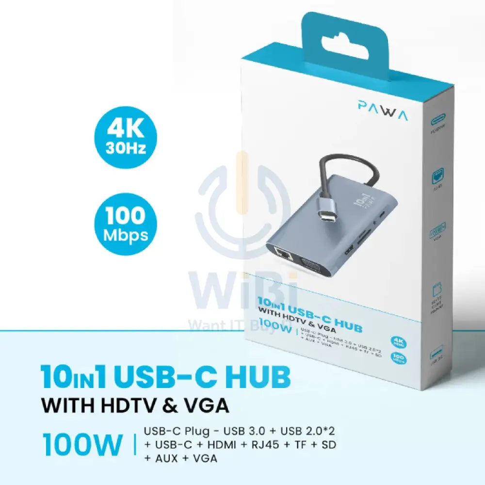 Pawa 10-in-1 USB-C HUB With 4K HDMI and VGA - Grey Accessories > USB Hub