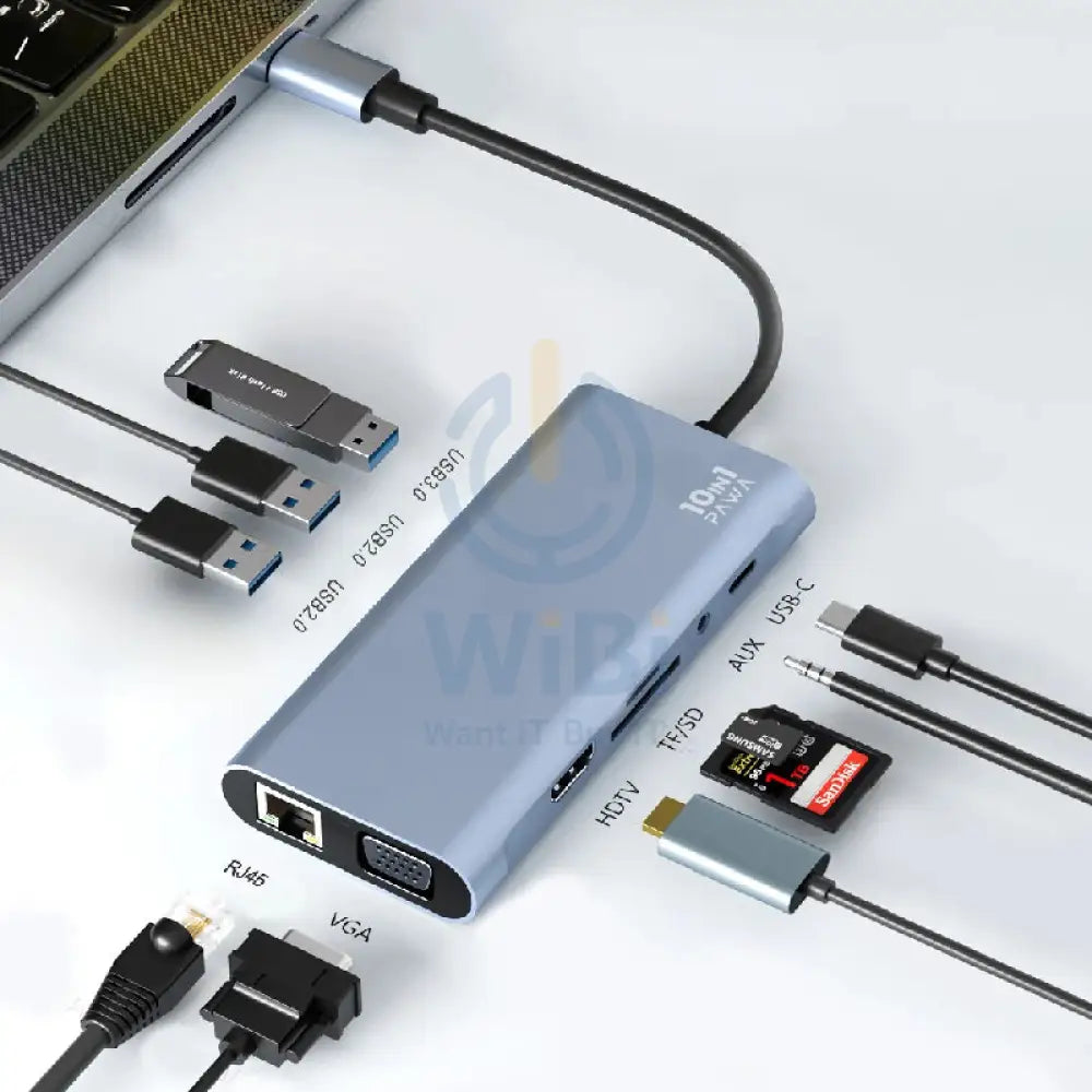 Pawa 10-in-1 USB-C HUB With 4K HDMI and VGA - Grey Accessories > USB Hub