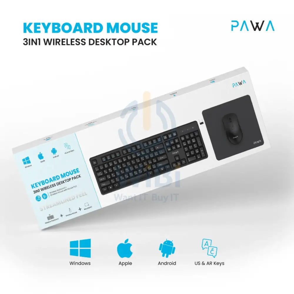Pawa 3in1 Wireless Keyboard & Mouse Desktop Pack - Wireless / English/Arabic / Black Accessories > Keyboard & Mouse