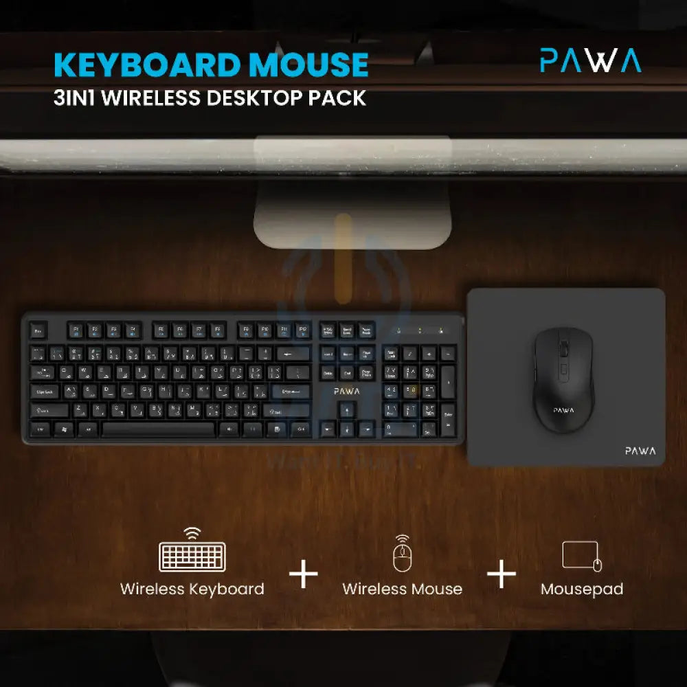 Pawa 3in1 Wireless Keyboard & Mouse Desktop Pack - Wireless / English/Arabic / Black Accessories > Keyboard & Mouse