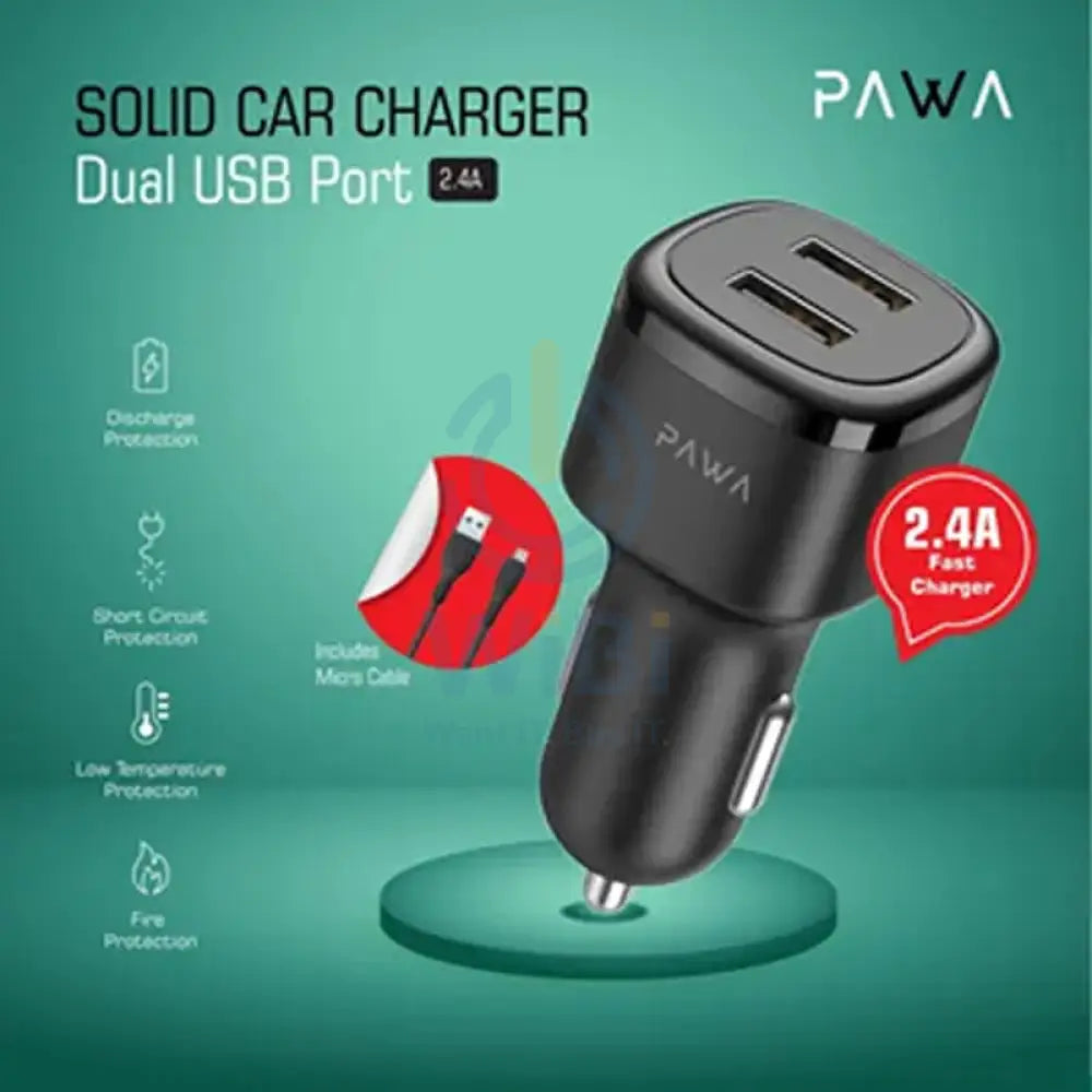 Pawa Car Charger 2.4A Auto Identification with Type-C Cable - Black Accessories > Power Adapters