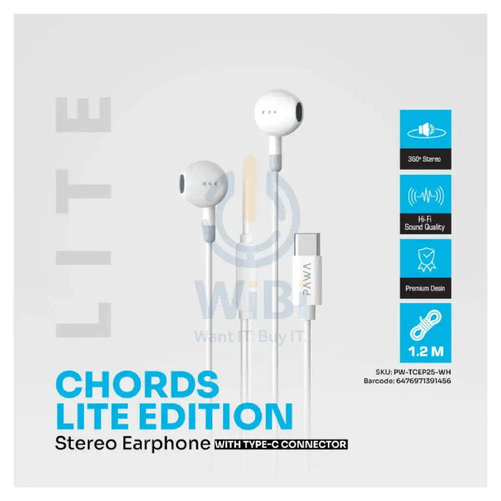 Pawa Chords Lite Edition Stereo Wired Earphone - USB-C / 1.2 Meter / White Accessories > Audio > Headphones