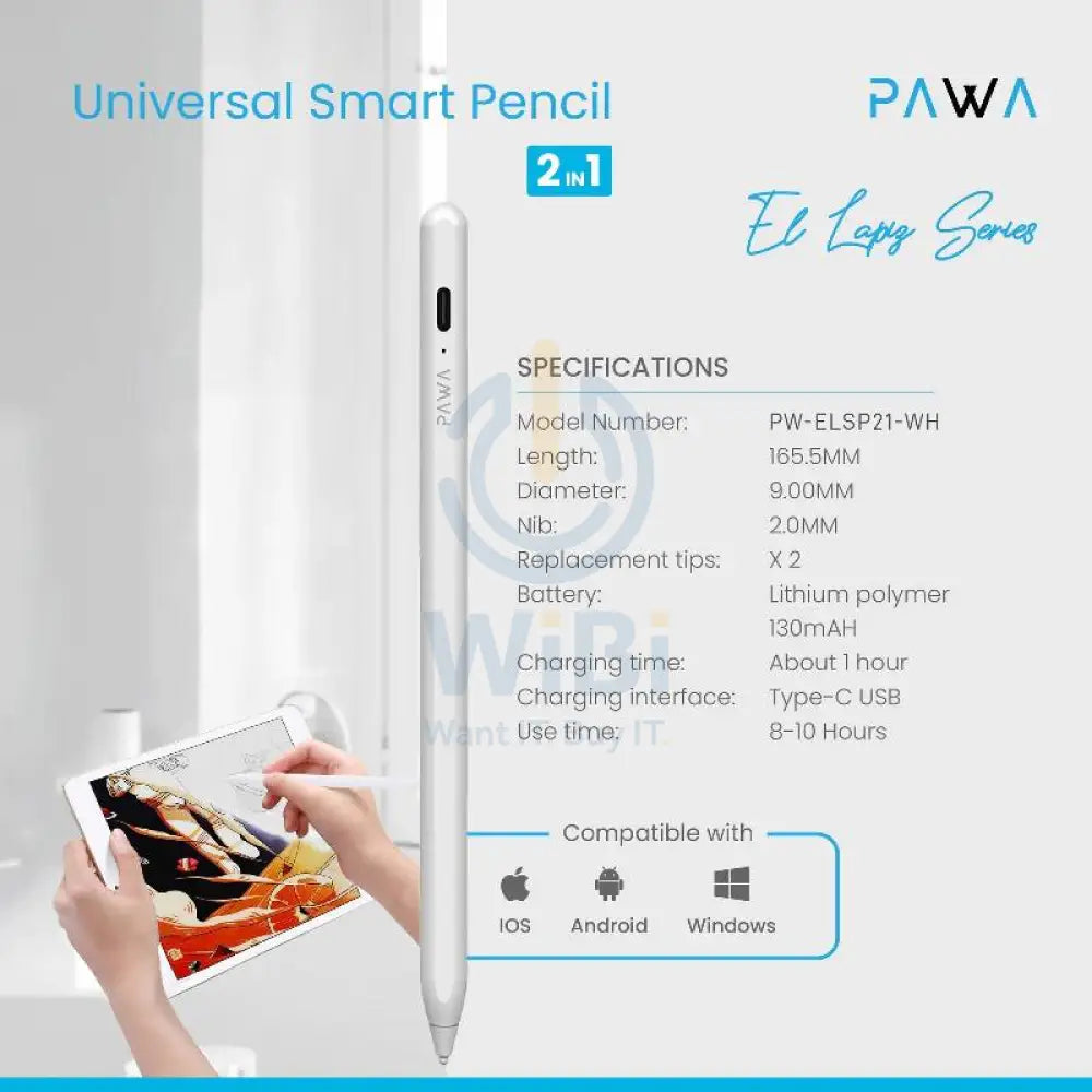 Pawa El Lapiz Series 2-in-1 Universal Smart Pencil - White Accessories > Mobiles & Tablets > Tablets > Stylus & Pencil