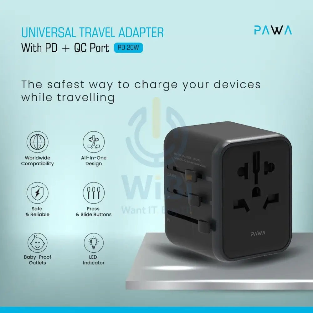Pawa Universal Travel Adapter with PD + QC 20W – Black Accessories > Power Adapters