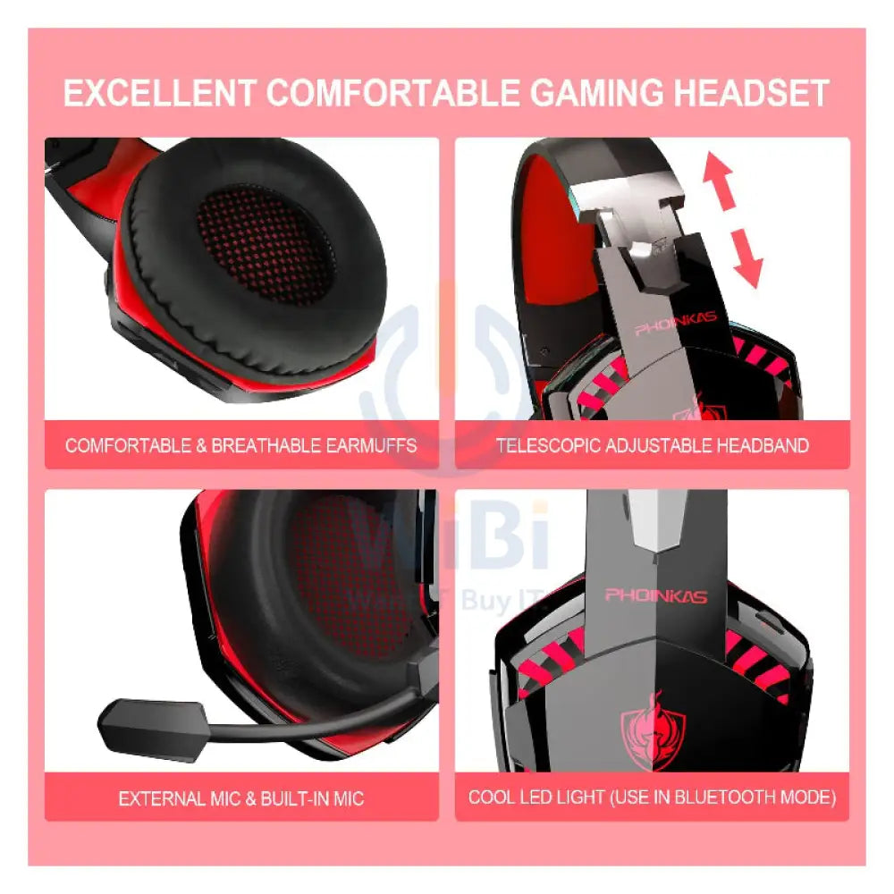 PHOINIKAS G2000BT Gaming Headphones with Adapter - Red Accessories > Audio > Headphones > Gaming Zone