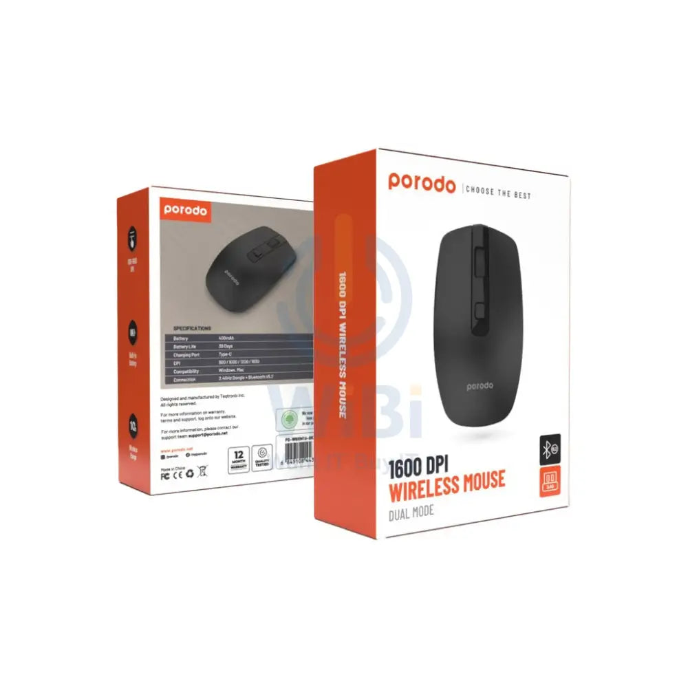 Porodo 2.4G Wireless and Bluetooth Rechargeable Mouse DPI 1600 - Black Accessories > Keyboard & Mouse