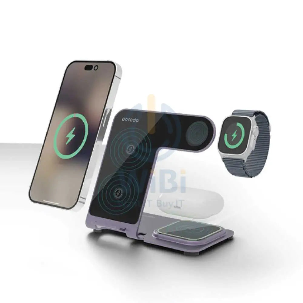 Porodo 3 In 1 Dual Coil Wireless Charging Dock - Purple Accessories > Power Adapters