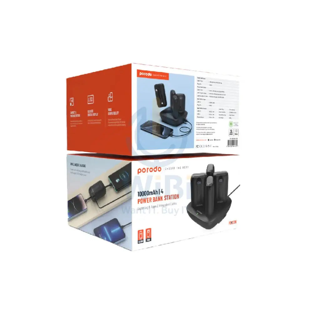 Porodo 4 Power Bank Station Lightning & Type-C Integrated Cable - 10000mAh / Black Accessories > Power Bank