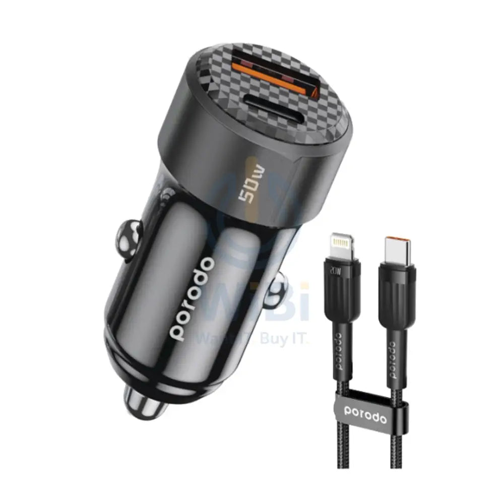 Porodo Black 50W Dual Port Car Charger PD 20W QC 30W with USB-C to Lightning Cable - Black Accessories > Mobiles &
