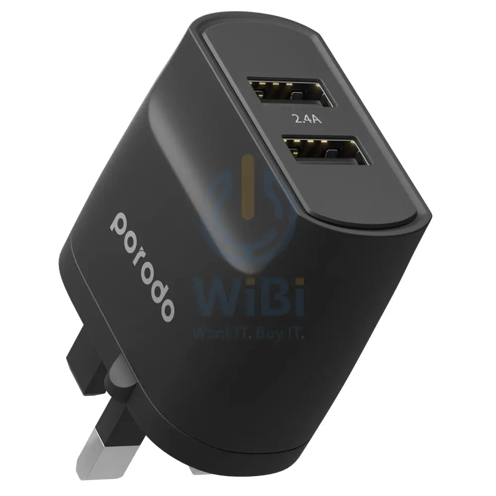 Porodo Blue 3Pin Dual Port Wall Charger 2.4A/12W UK - Black Accessories > Power Adapters