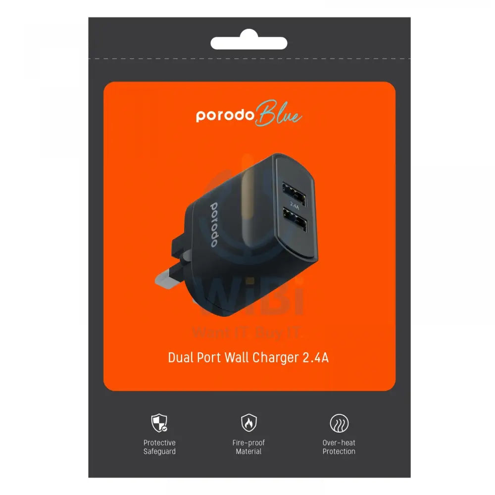 Porodo Blue 3Pin Dual Port Wall Charger 2.4A/12W UK - Black Accessories > Power Adapters