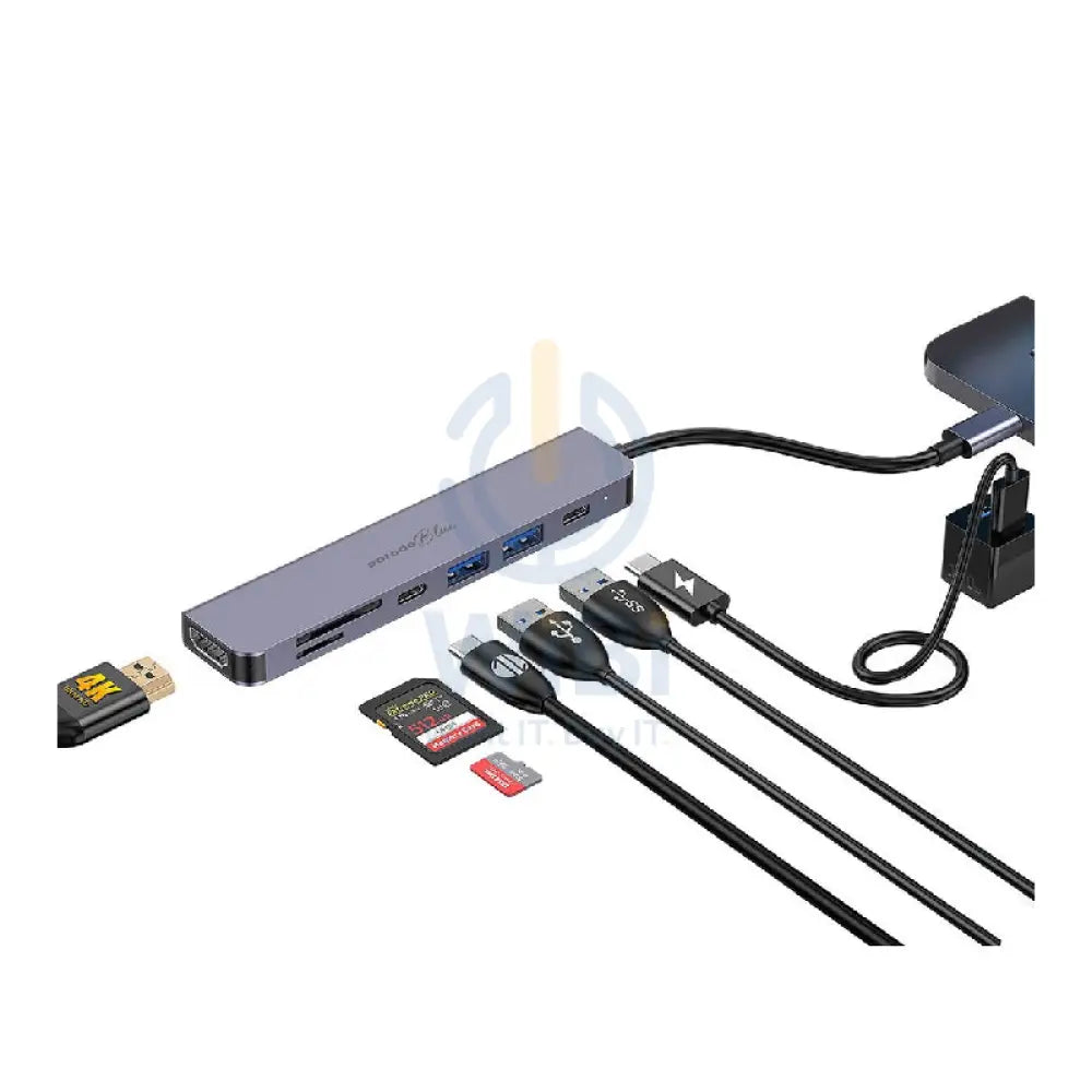 Porodo Blue 7 In 1 Hub - HDMI / 2xUSB-A / 2xUSB-C / SD MicroSD / Grey Accessories > Cables & Converters > Cables >