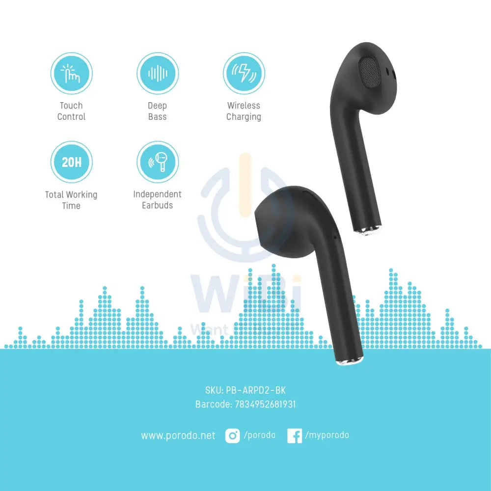 Porodo Blue Deep Bass Wireless Earbuds 2 - Black Accessories > Audio > Headphones > Offer Zone