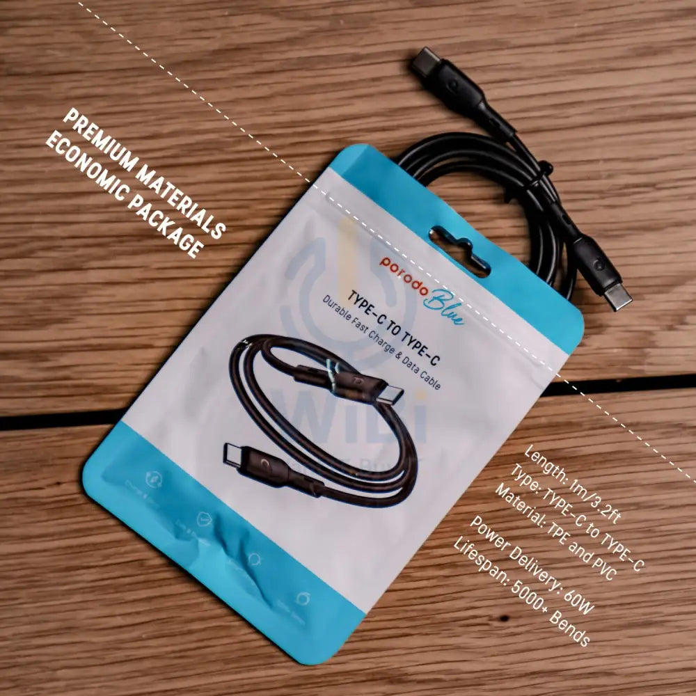 Porodo Blue PVC Type-C to Type-C 60W Durable Fast Charge & Data Cable - 1m/3.2ft / Black Accessories > Cables &