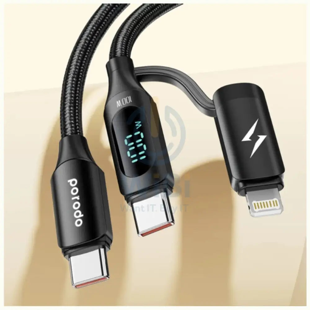 Porodo Dual-Connector Type-C Fast Charging Cable With Power Display - 1.2 Meter / Black Accessories > Cables &