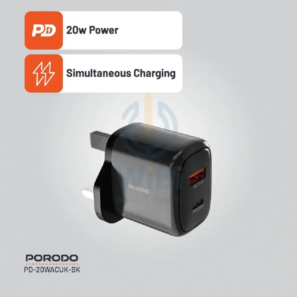 Porodo Dual Output Quick Charger - 20W / USB-A / USB-C / Black Accessories > Power Adapters