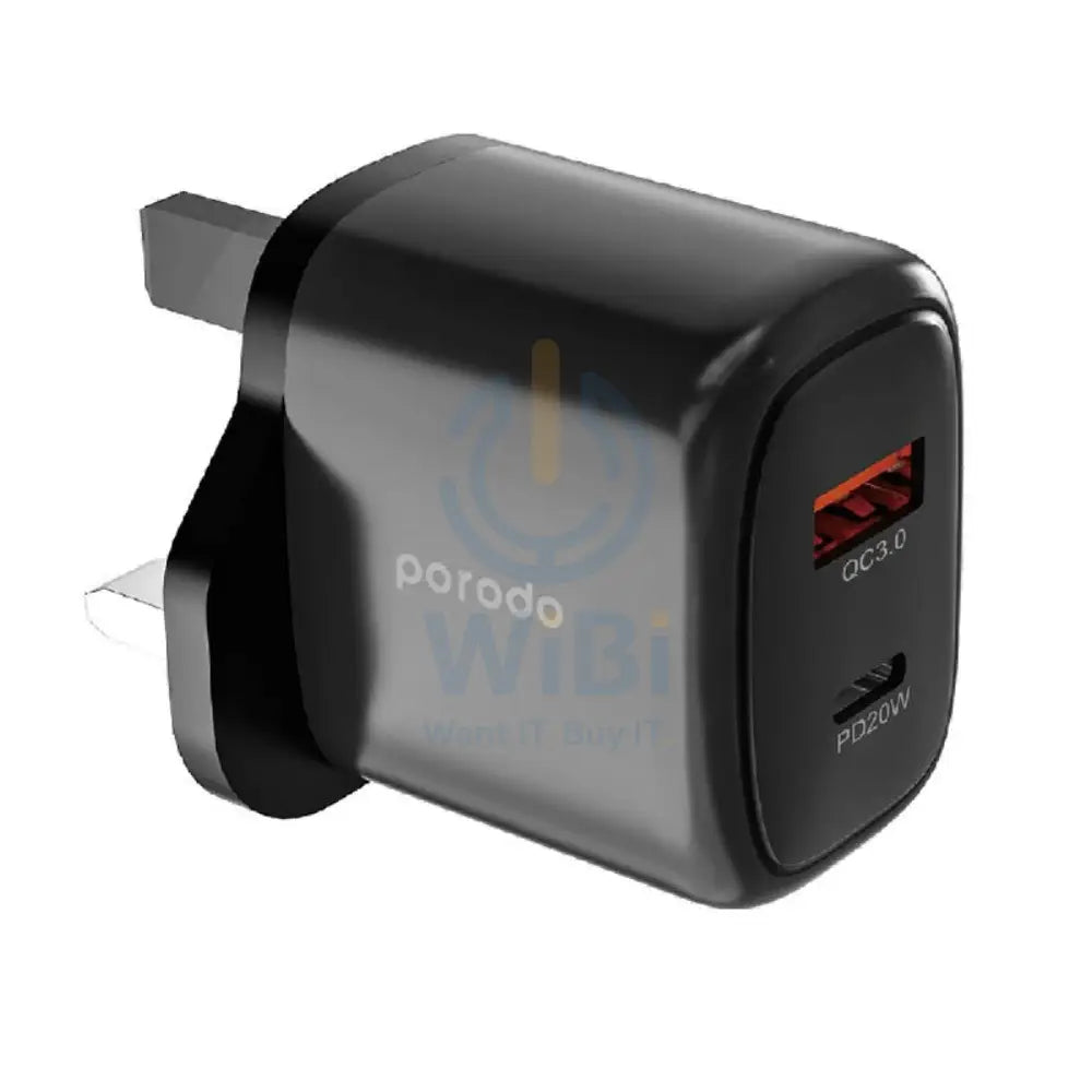 Porodo Dual Output Quick Charger - 20W / USB-A / USB-C / Black Accessories > Power Adapters