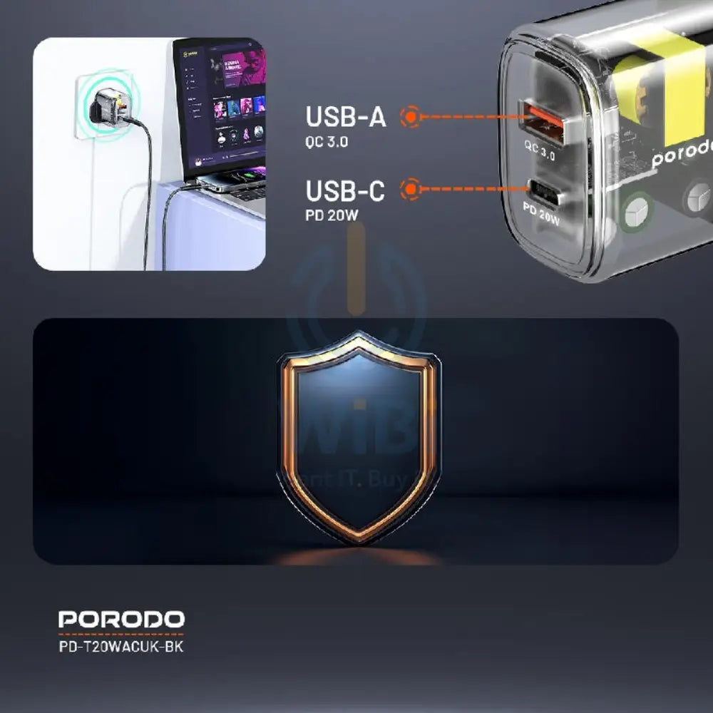 Porodo Dual Output Transparent Quick Charger - USB-C / USB-A / Black Accessories > Power Adapters