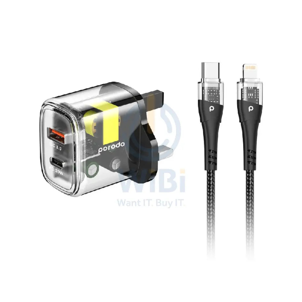 Porodo Dual Output Transparent Quick Charger with Cable - 20W / 1.2 Meter / Black Accessories > Power Adapters