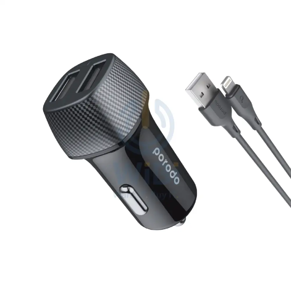 Porodo Dual Port Car Charger 3.4A With 0.9m/3ft Lightning Cable - Black Accessories > Power Adapters