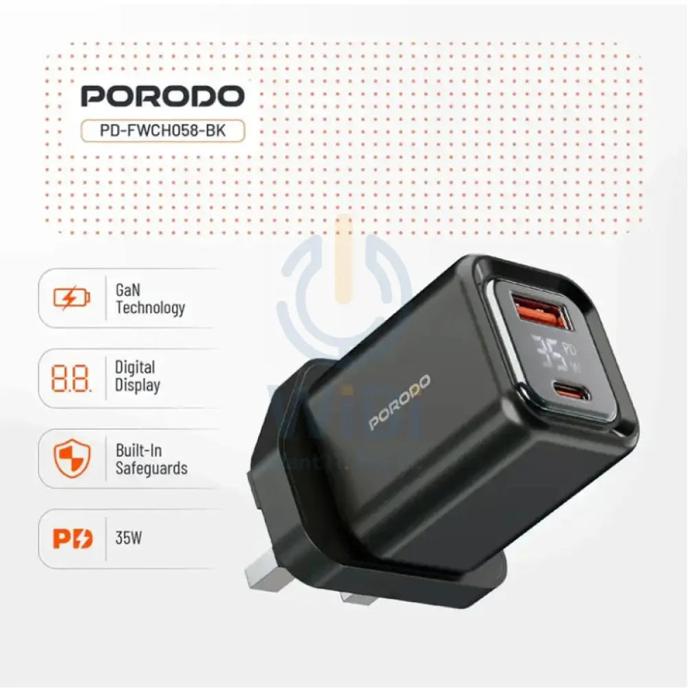 Porodo Dual Port Digital Display Quick Charger - 35W / Black Accessories > Power Adapters