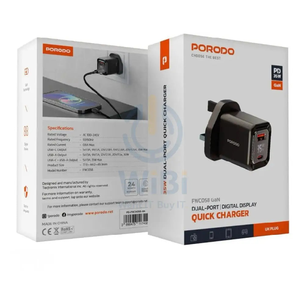Porodo Dual Port Digital Display Quick Charger - 35W / Black Accessories > Power Adapters