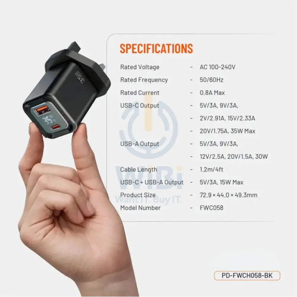 Porodo Dual Port Digital Display Quick Charger - 35W / Black Accessories > Power Adapters