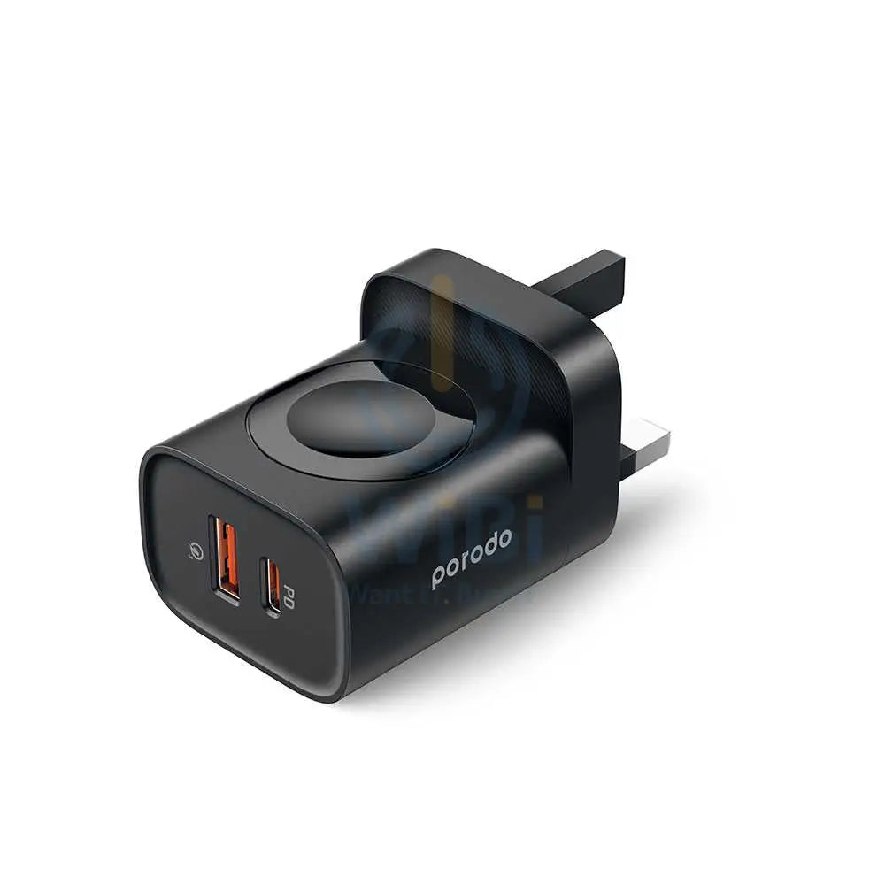 Porodo Dual Port Multi-Device Wall Charger With Integrated Watch Charger - Black Accessories > Power Adapters