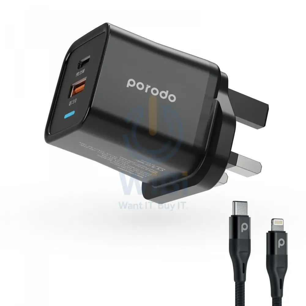 Porodo Dual Port Multi-Device Wall Charger With Integrated Watch Charger - Black Accessories > Power Adapters