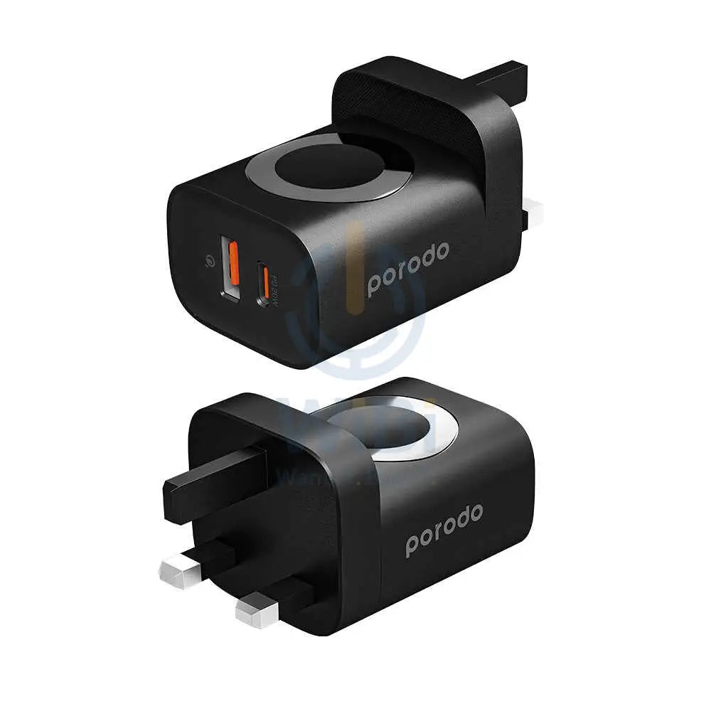 Porodo Dual Port Multi-Device Wall Charger With Integrated Watch Charger - Black Accessories > Power Adapters