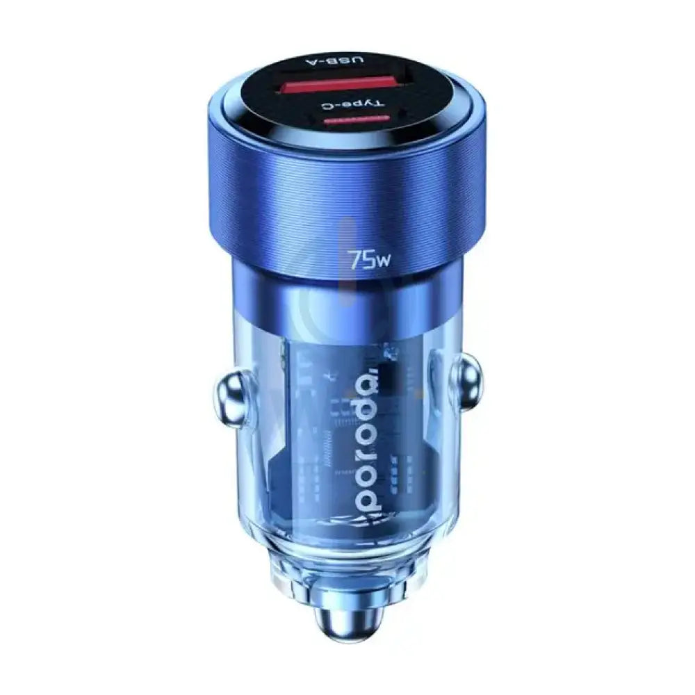 Porodo Dual Port Transparent Aluminum Car Charger - 75W / Blue Accessories > Mobiles & Tablets > Mobiles > Car Chargers