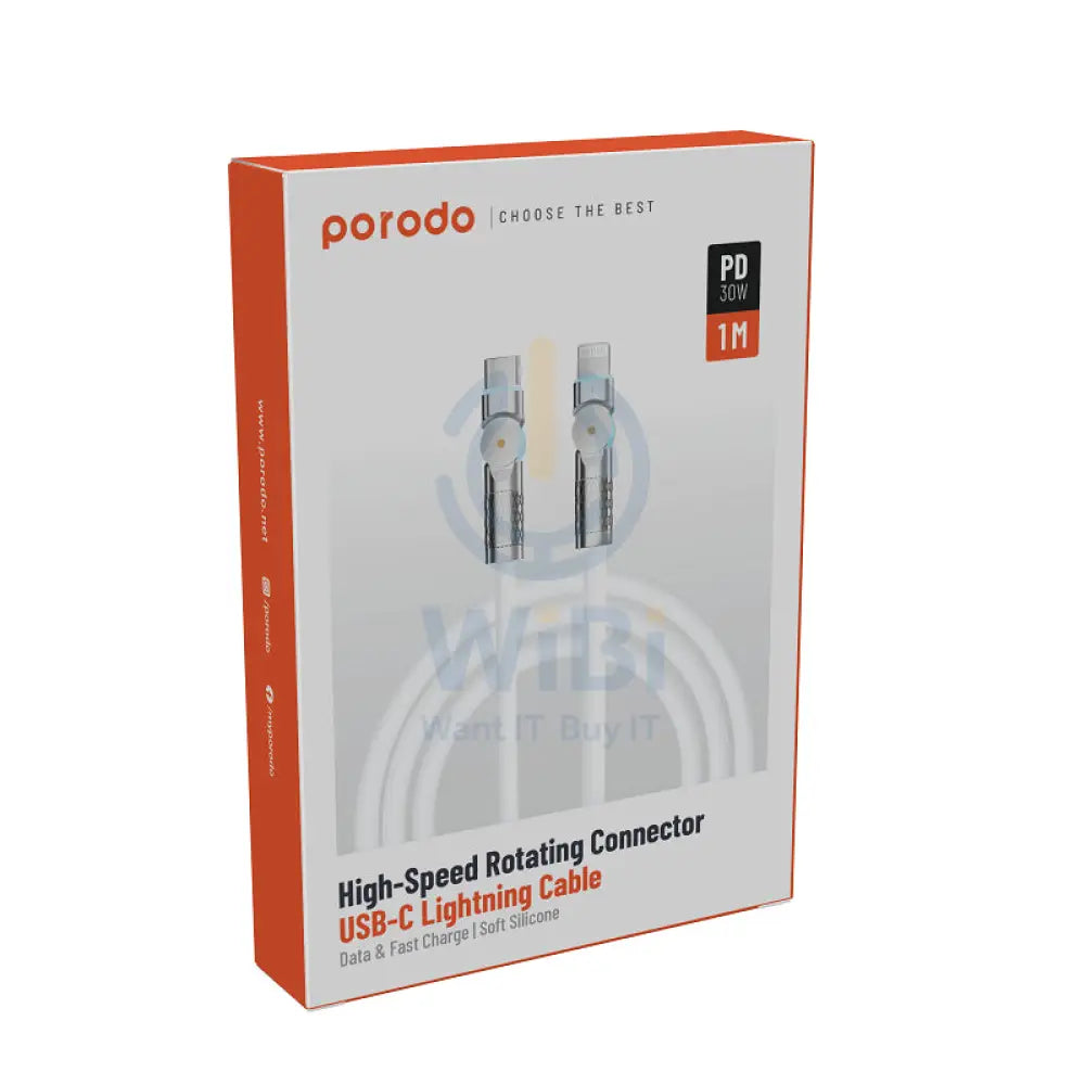Porodo High-Speed Rotating Connector Data Cable - USB-C / Lightning / 30W / 1 Meter / White Accessories > Cables &