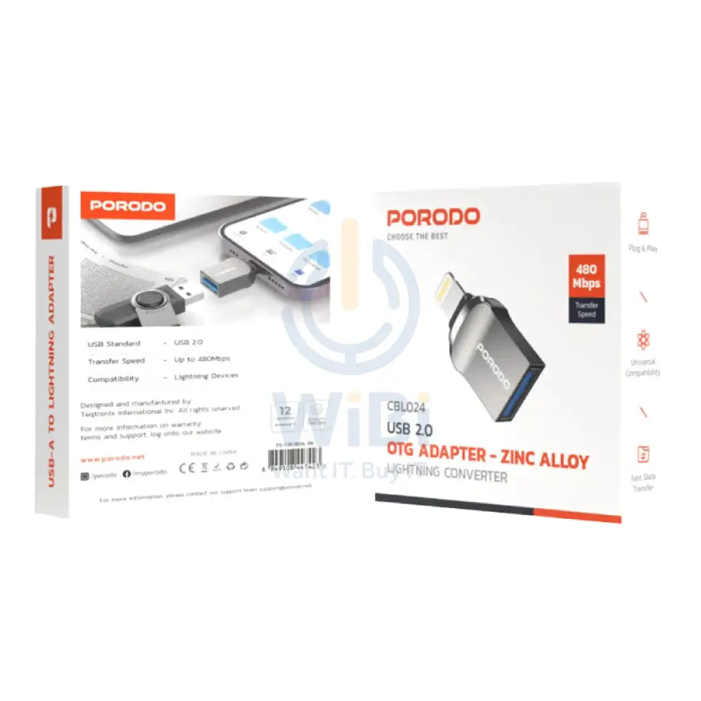 Porodo Lightning OTG Adapter - Lightning / Up to 480Mbps / Black Accessories > Cables & Converters > Converters