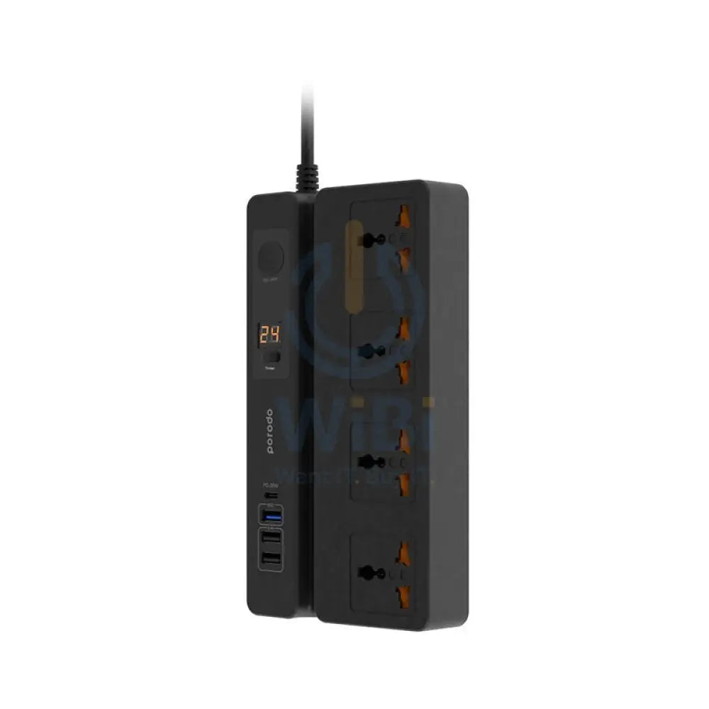Porodo Multi-Function Socket With Phone Stand and Digital Timer - 4 Socket / 3 Meters / Black