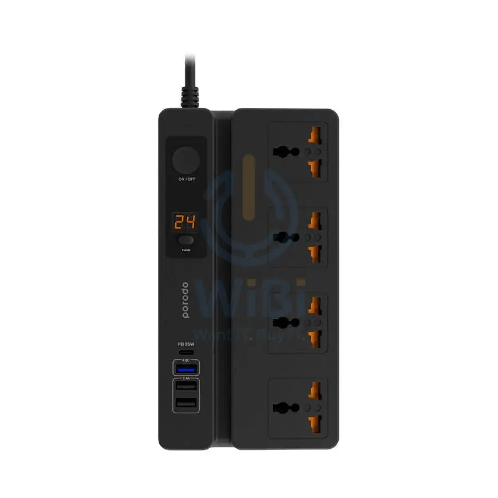Porodo Multi-Function Socket With Phone Stand and Digital Timer - 4 Socket / 3 Meters / Black