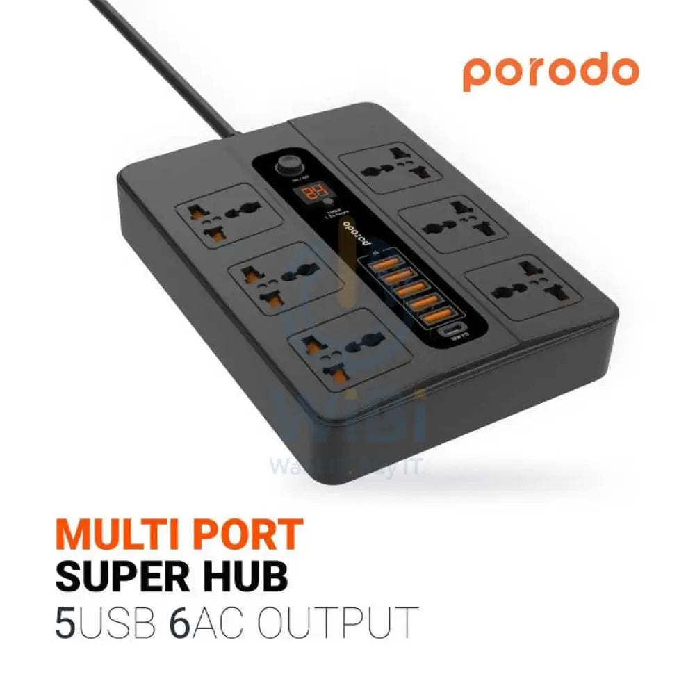 Porodo Multi-Port Super Hub with 6 Universal AC Sockets 13A 3000W - Black Accessories > Power > Power Protection >