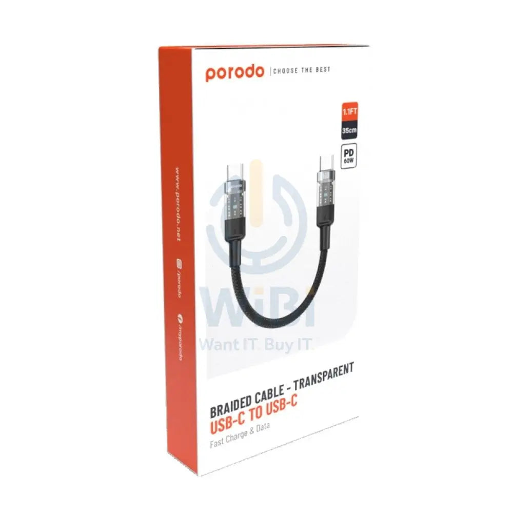 Porodo Transparent Braided Data Cable - 0.35M / Type-C / 60W / Black Accessories > Cables & Converters > Cables