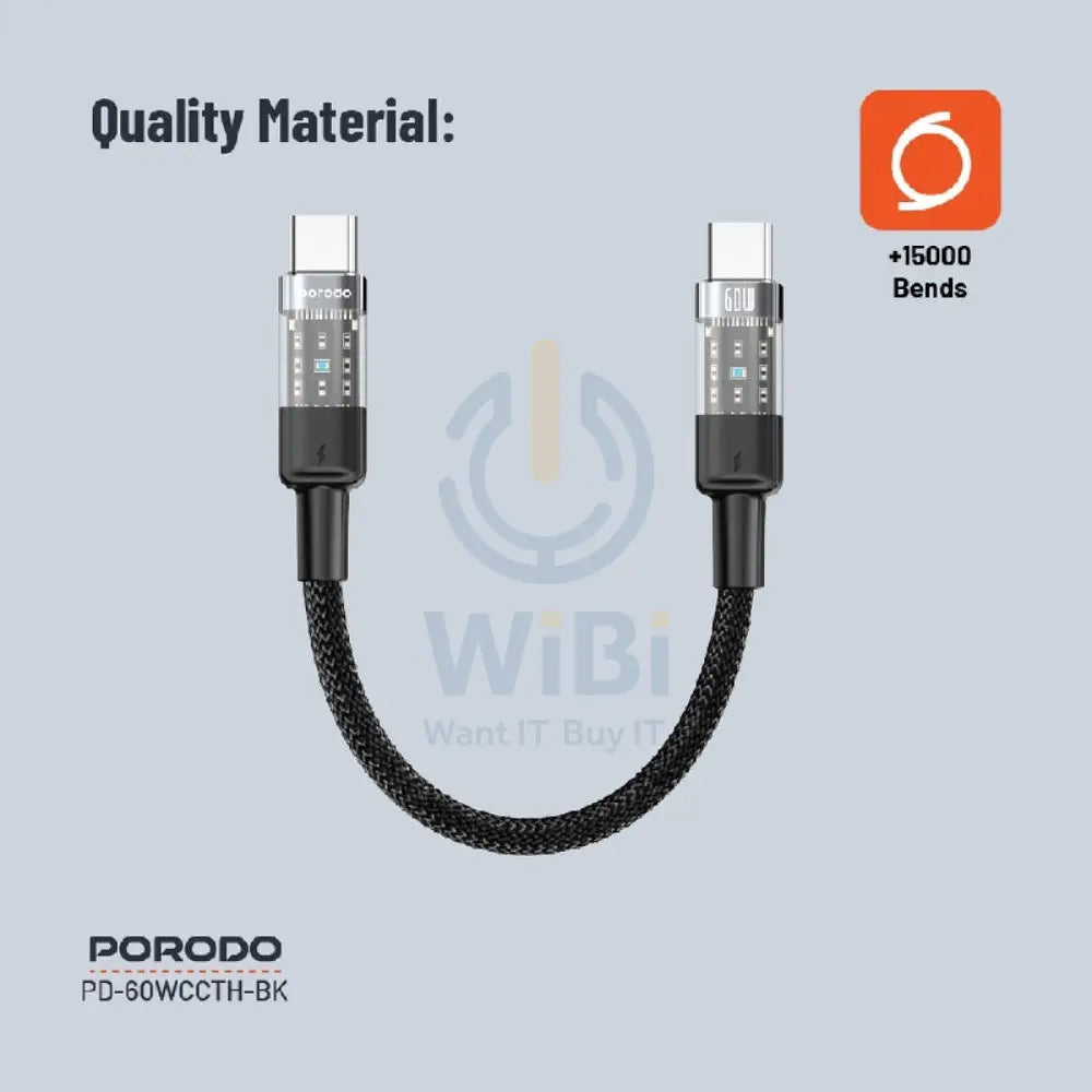 Porodo Transparent Braided Data Cable - 0.35M / Type-C / 60W / Black Accessories > Cables & Converters > Cables