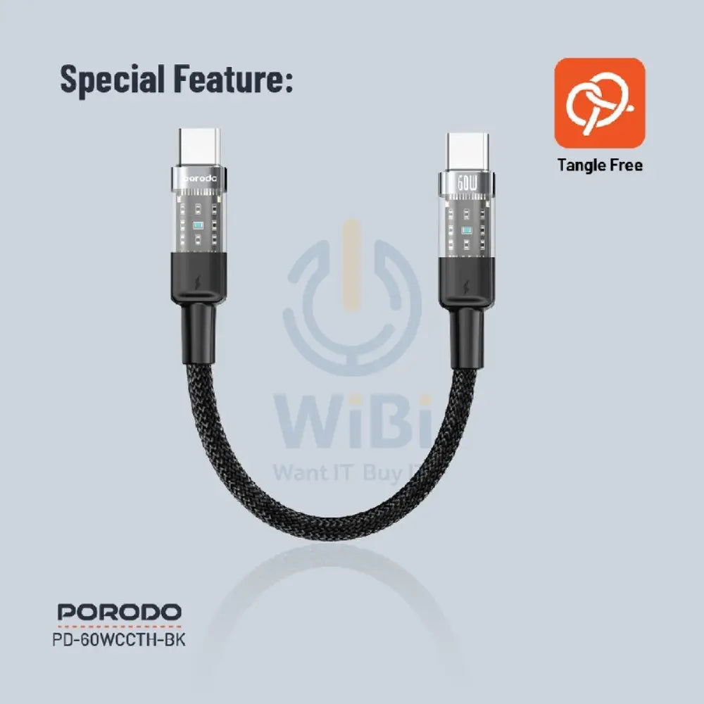 Porodo Transparent Braided Data Cable - 0.35M / Type-C / 60W / Black Accessories > Cables & Converters > Cables