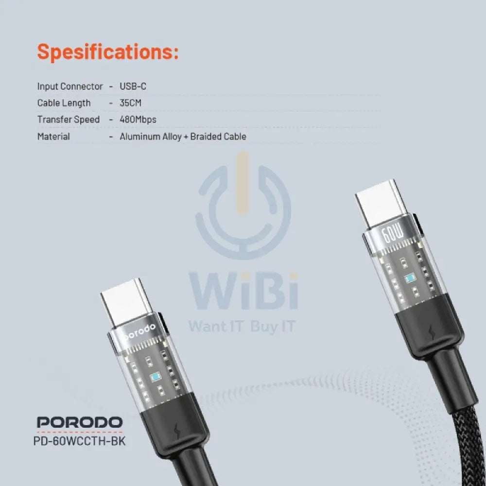 Porodo Transparent Braided Data Cable - 0.35M / Type-C / 60W / Black Accessories > Cables & Converters > Cables
